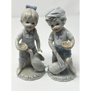 Porcelain Children Feeding Geese Figurines – Boy & Girl Set – Pastel Gray Blue